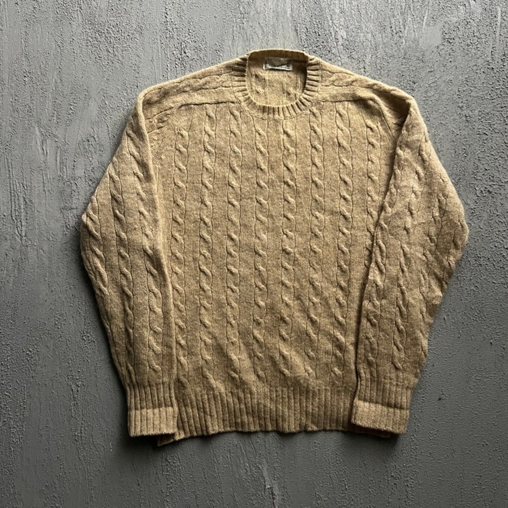 Vintage Braemar Wool Sweater XL Tan 1960s Cable Knit Scottish Crewneck